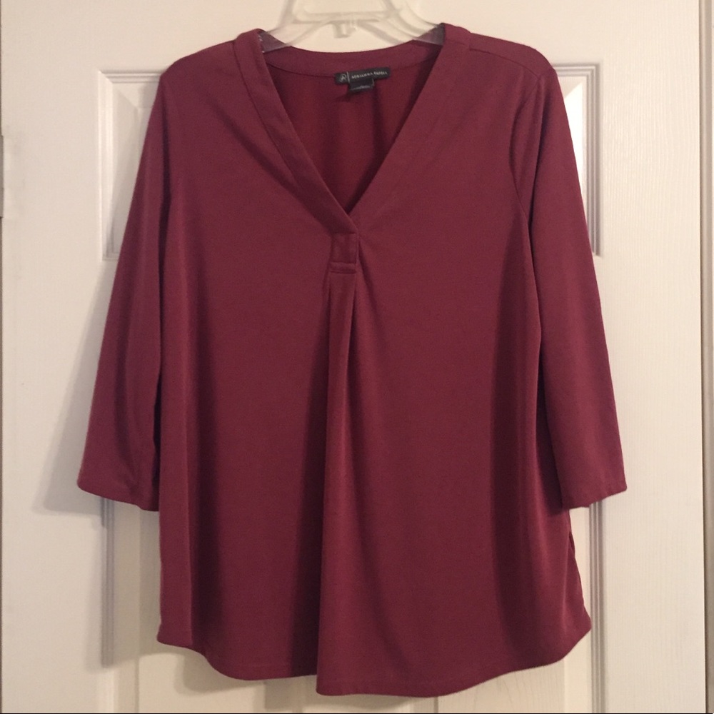 Adrianna Papell Wine V-Neck 3/4 Sleeve Blouse